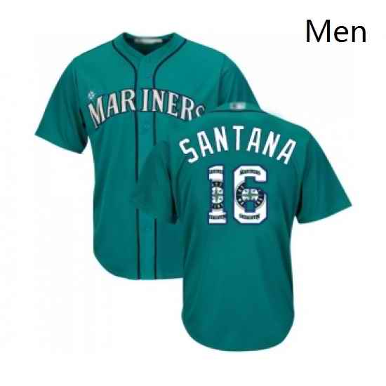 Mens Seattle Mariners 16 Domingo Santana Authentic Teal Green Team Logo Fashion Cool Base Baseball Jersey